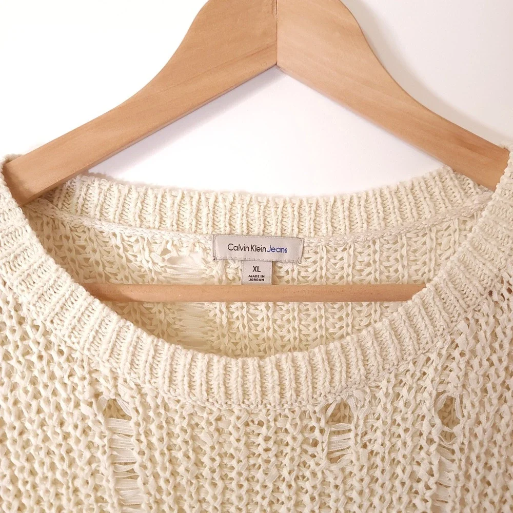 Calvin Klein Womens XL Cream Distressed Open Knit Sweater‎ Long Sleeve Ivory